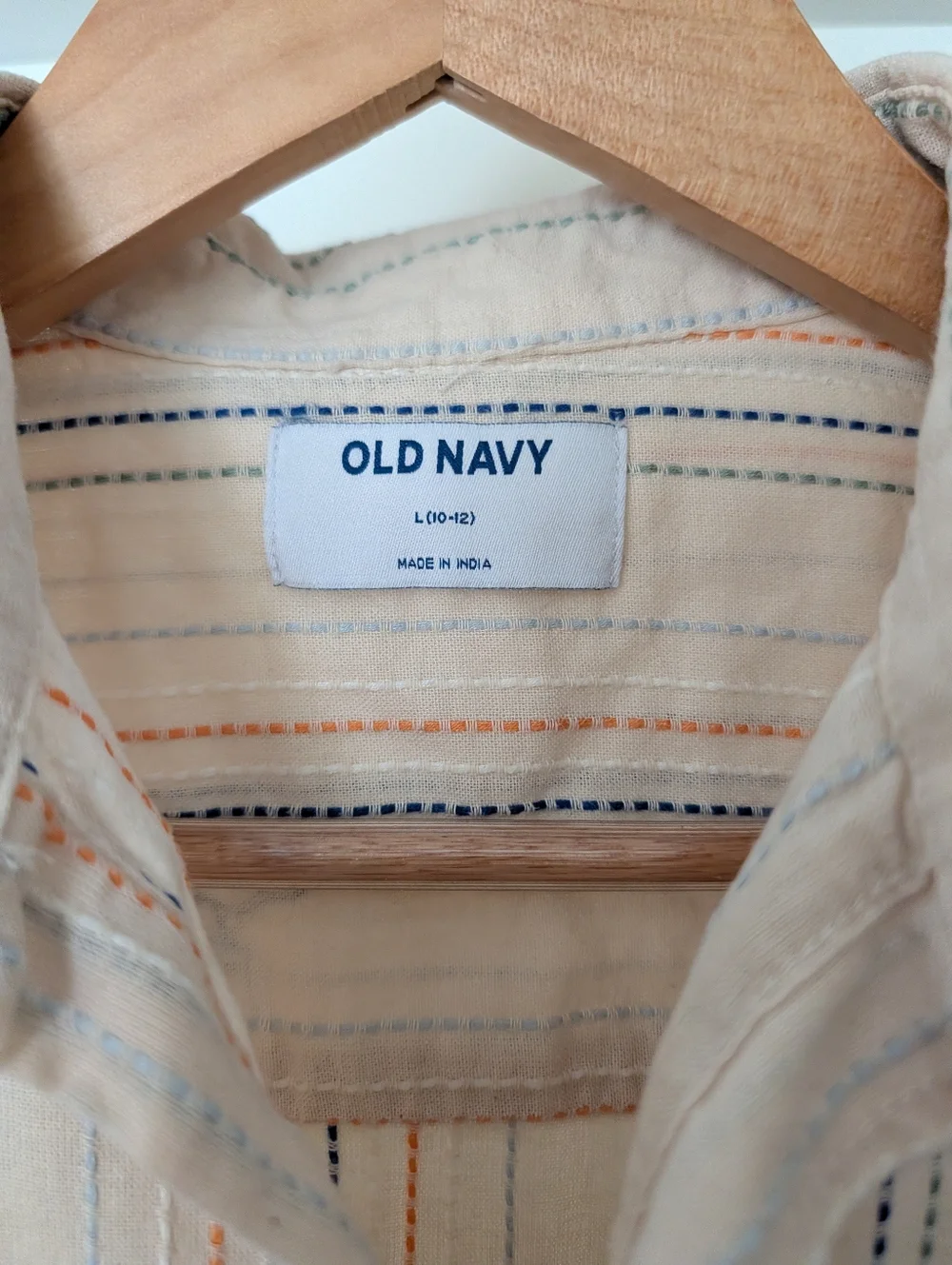 Old Navy Kids 100% Cotton L 10-12 Cream Striped Short Sleeve Button-Up Shirt
